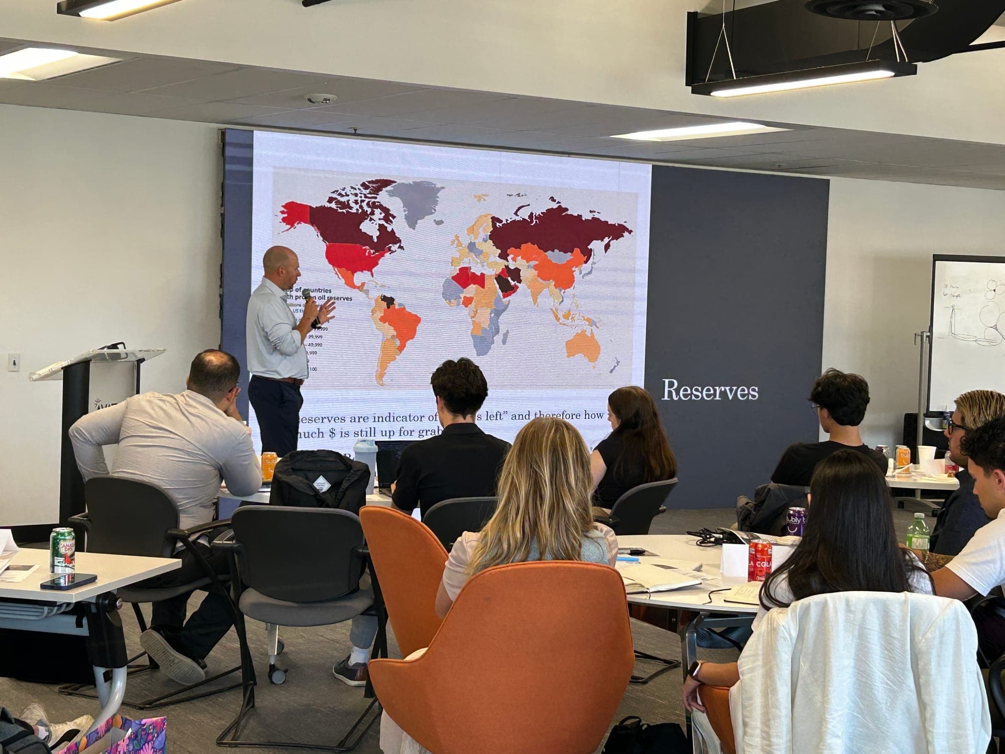 Brendan MacDougall discussing global oil reserves using a world map slide.